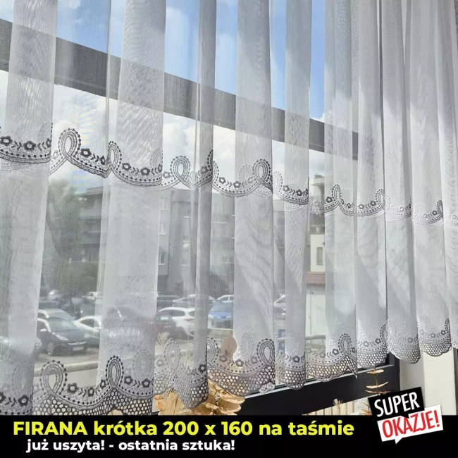 Firana krótka do parapetu 200x160 - Firana gotowa haftowana - Firany gotowe już uszyte